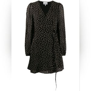 Ganni Polka Dot Wrap Dress, Black, Size  36